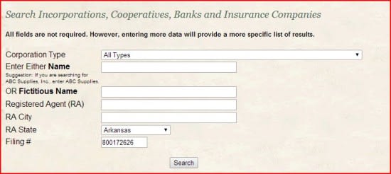 Arkansas Secretary of State business entity filing number search form.