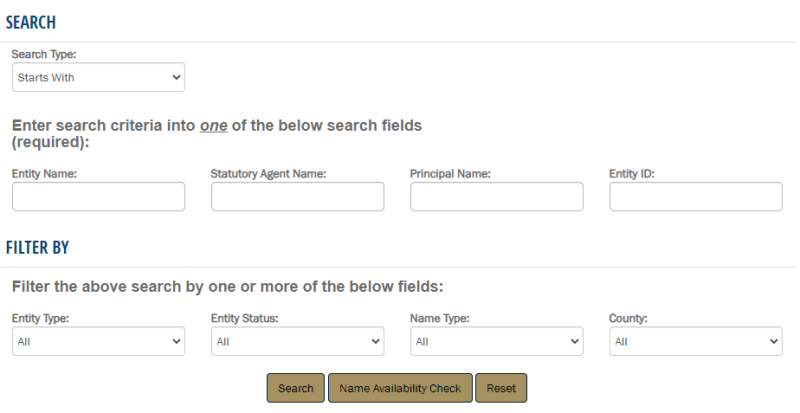 search criteria and filters for the Arizona business search