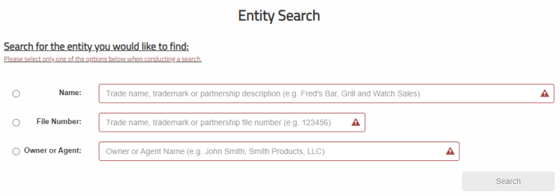 Arizona partnership, trade name, or trademark search tool