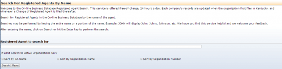 Kentucky Secretary of State business entity search by registered agent form.