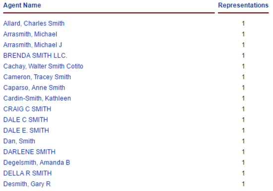 New Hampshire SOS business entity search by registered agent results page.