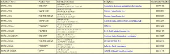 Rhode Island SOS business entity search by individual/agent results page.