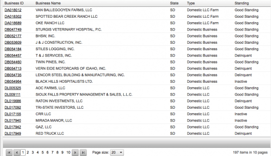 South Dakota SOS business entity search by registered agent results page.