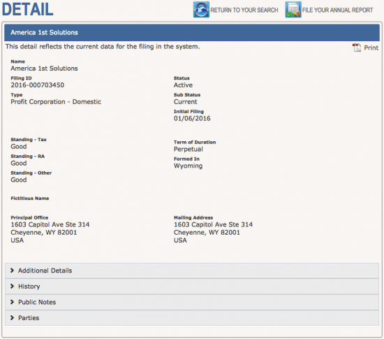 Wyoming SOS business entity name search details.